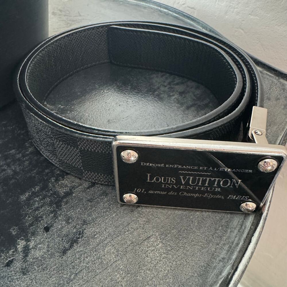 Louis‎ Vuitton Inventeur Graphite Black Mens Belt 95/38 Box Frame Buckle SHW - Picture 2 of 9